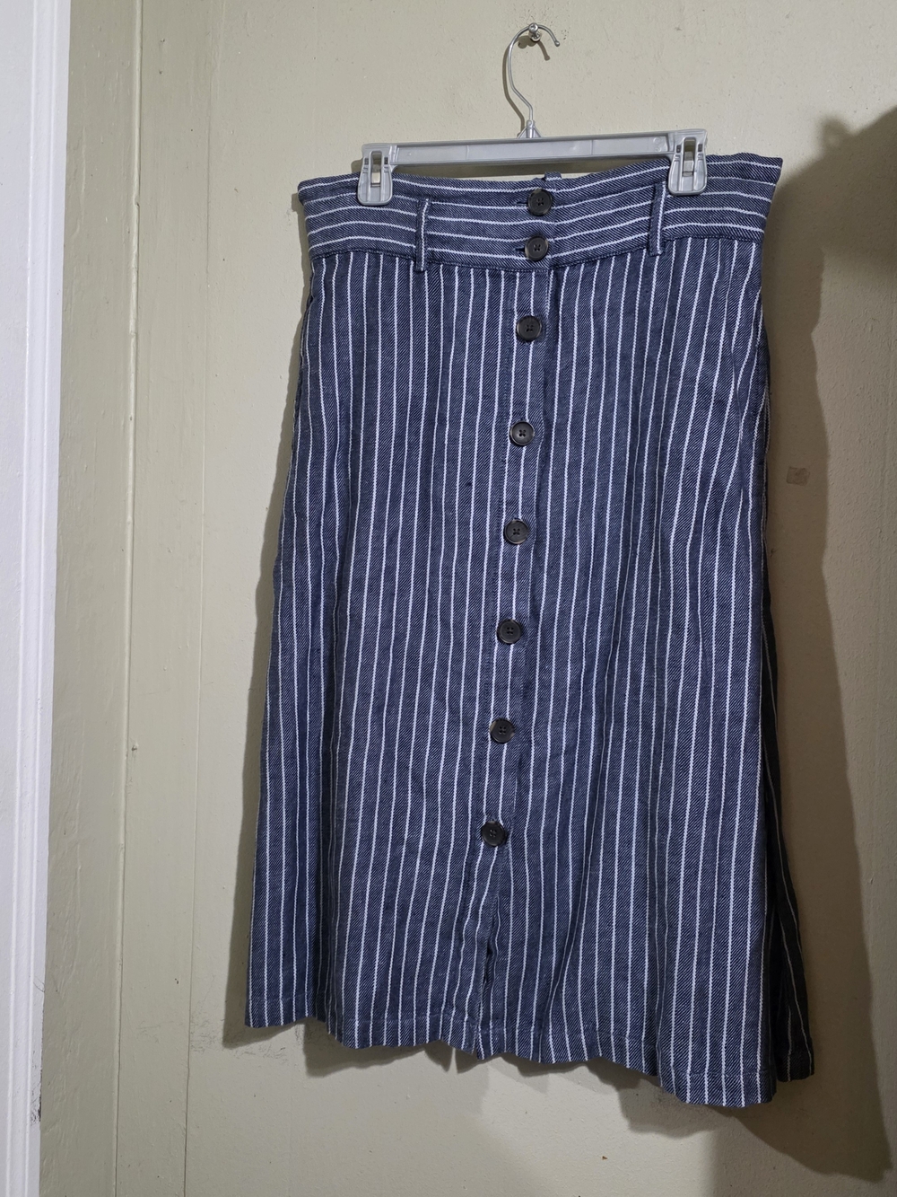 Christian Siriano Navy & White Striped Button-Front Midi Skirt Ua3d SZL 100% LIN